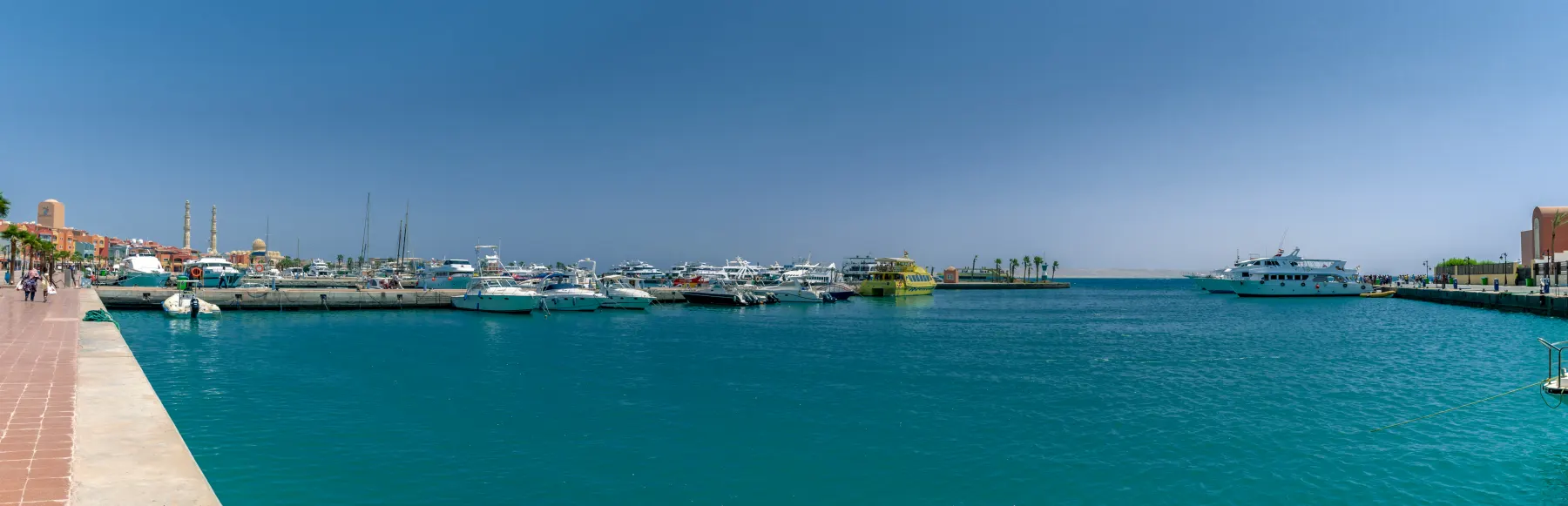 Panoramic view across the basin and boats of Hurghada Marina